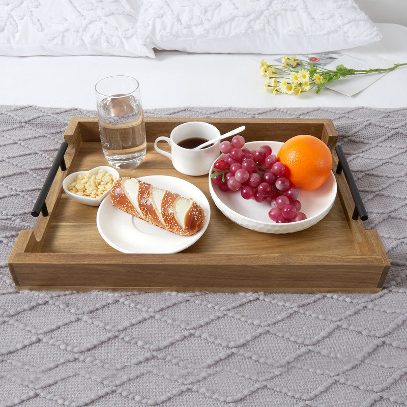 Gracie Oaks Acacia Wood Serving Tray with Metal Handles 17 Inches Wooden Coffee Table Tray Wayfair